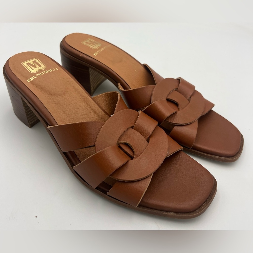 BRUNO MAGLI ARIA Block Heel Brown Leather Slide Sandal Women's Size 9M NEW